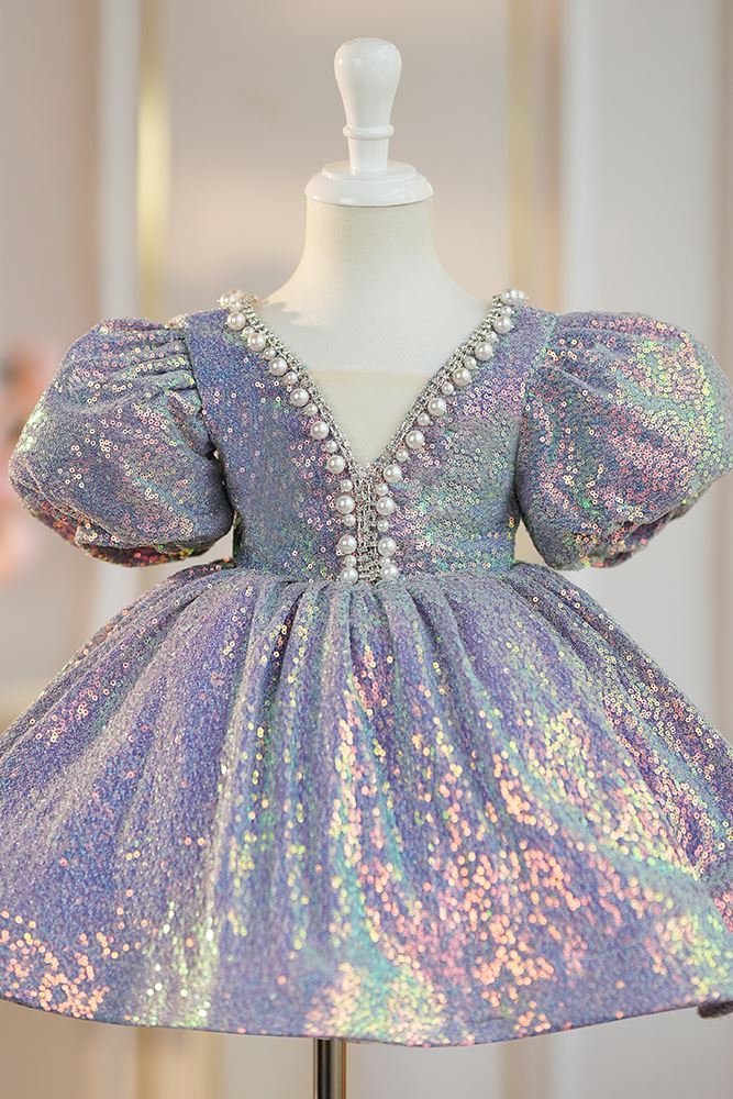 Prinzessin Wadenlang Pailletten Blumenmädchenkleider in Rosa