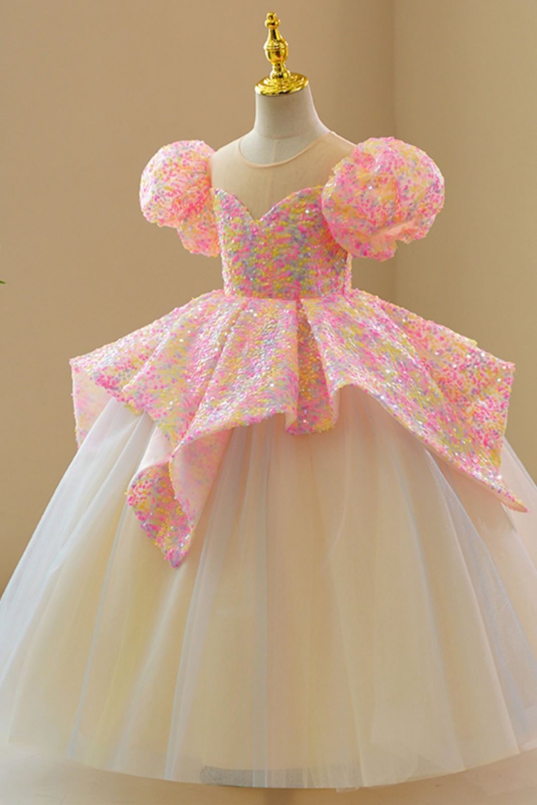 Prinzessin Runden Bodenlang Pailletten Blumenmädchenkleider in Rosa