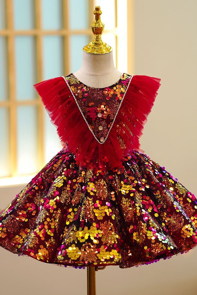 A-Linie Runden Wadenlang Pailletten Blumenmädchenkleider Rot