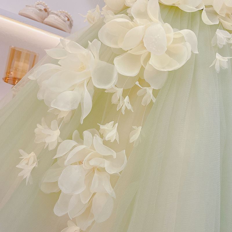 Prinzessin Quadratisch Wadenlang Tüll Blumenmädchenkleider in Grün