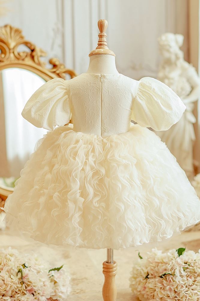 Prinzessin Runden Wadenlang Satin Blumenmädchenkleider in Champagner