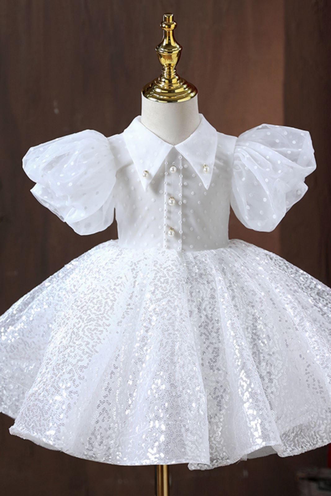 Prinzessin Kragenhals Wadenlang Pailletten Blumenmädchenkleider Weiß