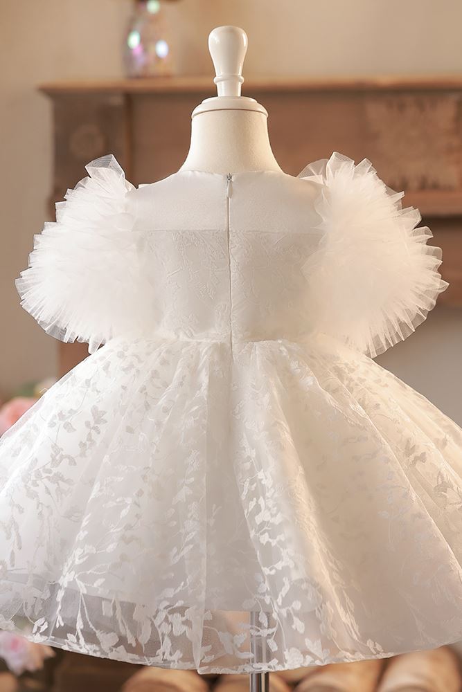 Prinzessin Scoop Wadenlang Spitze Blumenmädchenkleider in Weiß