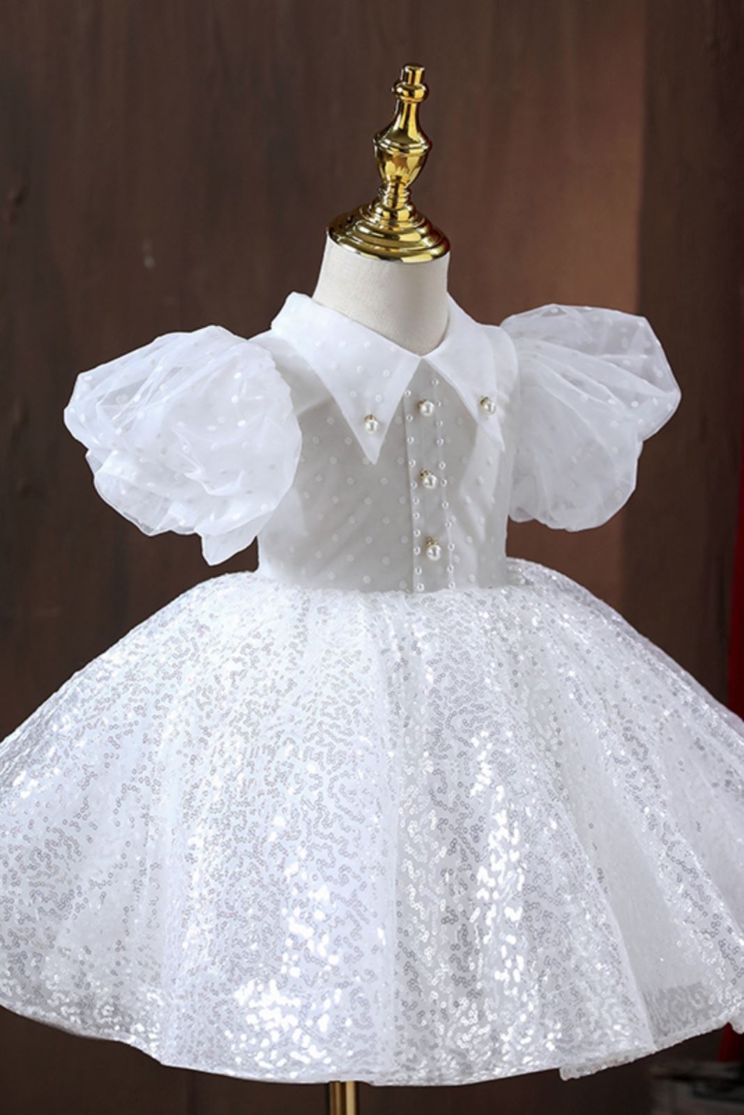 Prinzessin Kragenhals Wadenlang Pailletten Blumenmädchenkleider Weiß