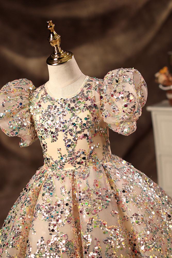 Prinzessin Runden Bodenlang Pailletten Blumenmädchenkleider Champagner