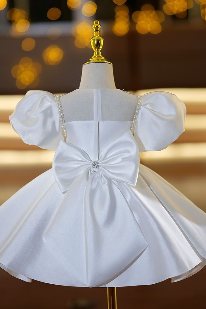 Prinzessin Quadratisch Wadenlang Satin Blumenmädchenkleider in Weiß