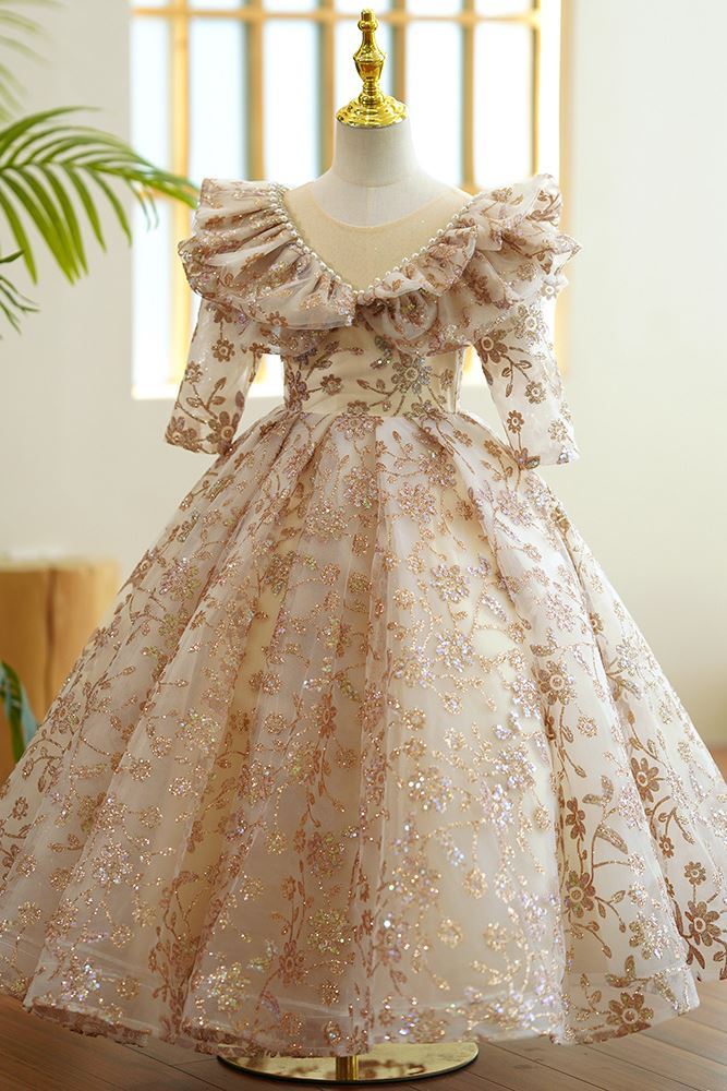 Prinzessin Bodenlang Pailletten Blumenmädchenkleider in Champagner