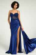Navy Satin Gown with Sweetheart Neckline Strappy Back and High Slit