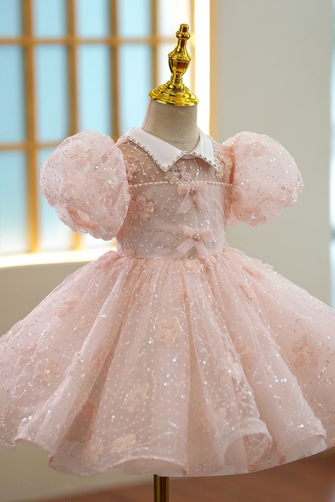 Prinzessin Kragenhals Wadenlang Organza Blumenmädchenkleider in Rosa