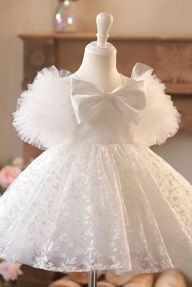 Prinzessin Scoop Wadenlang Spitze Blumenmädchenkleider in Weiß