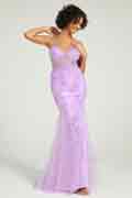 Lilac V-Neck Lace-Up Mermaid Tulle Maxi Formal Prom Dress with Sequin