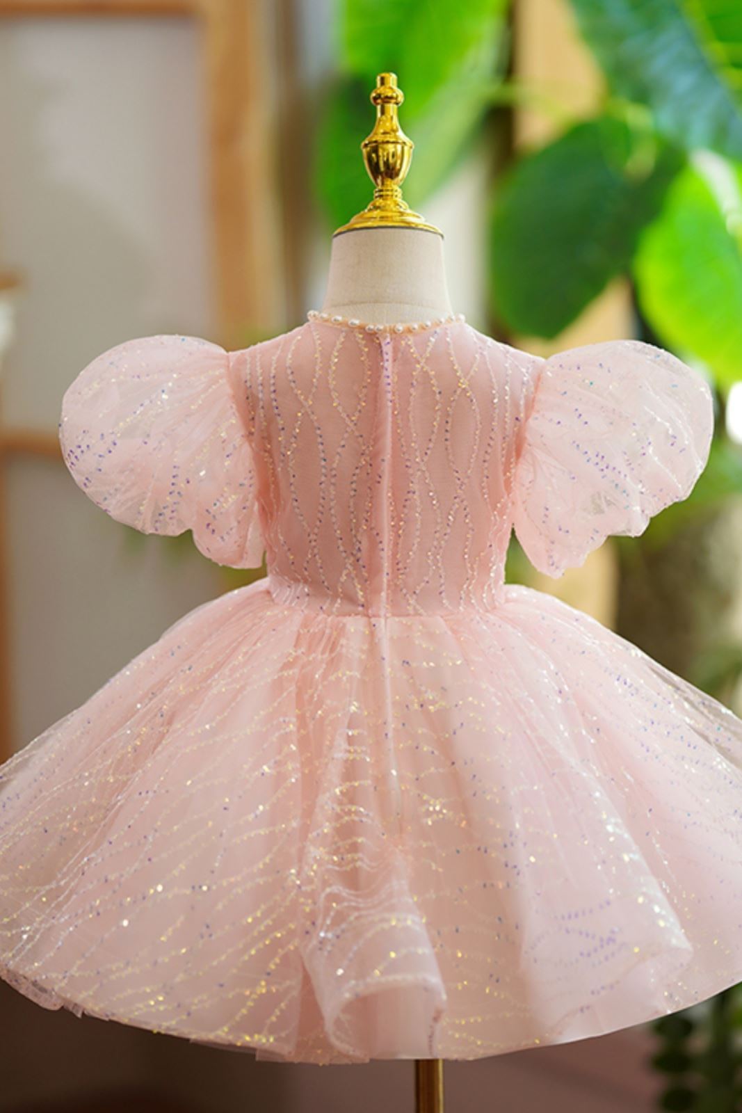 Prinzessin Wadenlang Pailletten Blumenmädchenkleider in Rosa