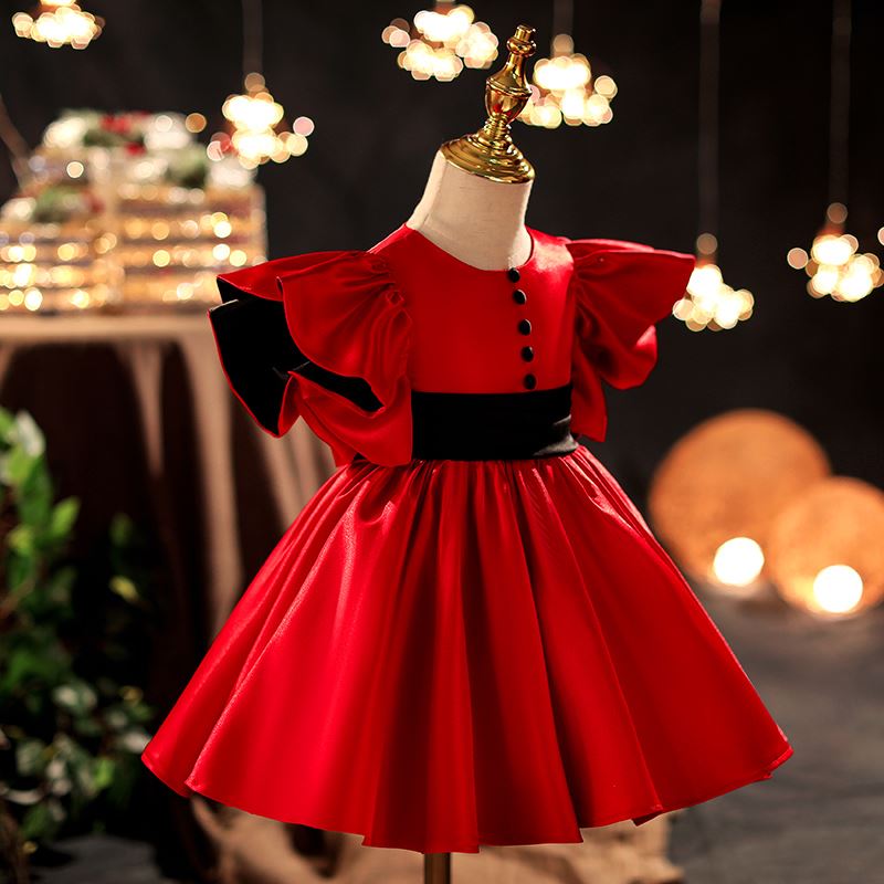 Princess Round Tea Length Satin Flower Girl Dress Red