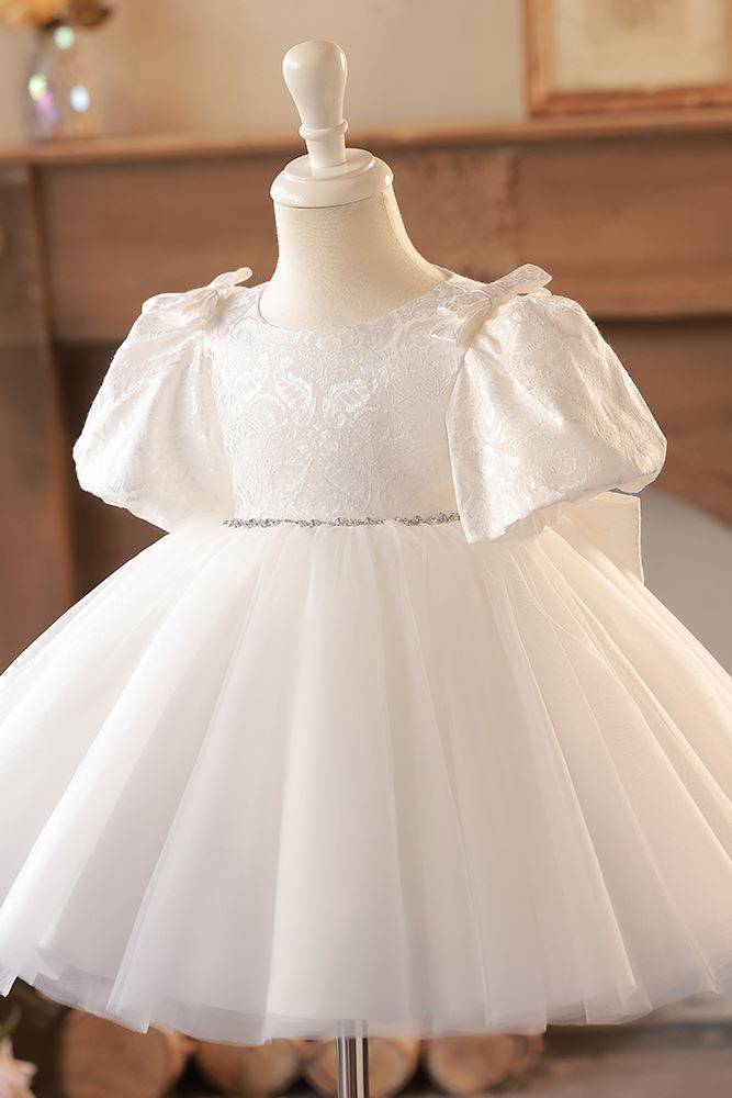 Prinzessin Runden Wadenlang Spitze Blumenmädchenkleider in Weiß