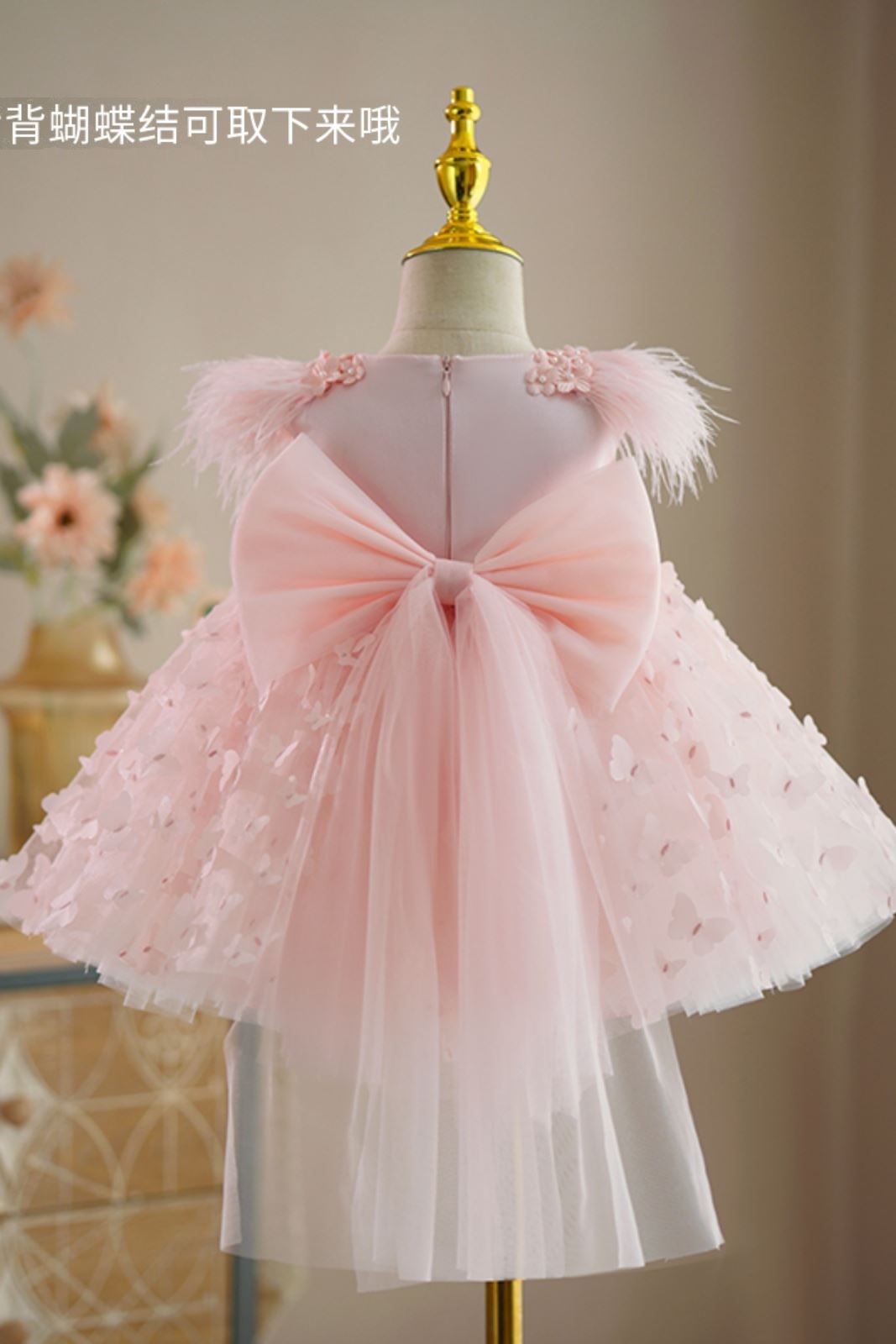 Prinzessin Runden Wadenlang Tüll Blumenmädchenkleider in Rosa