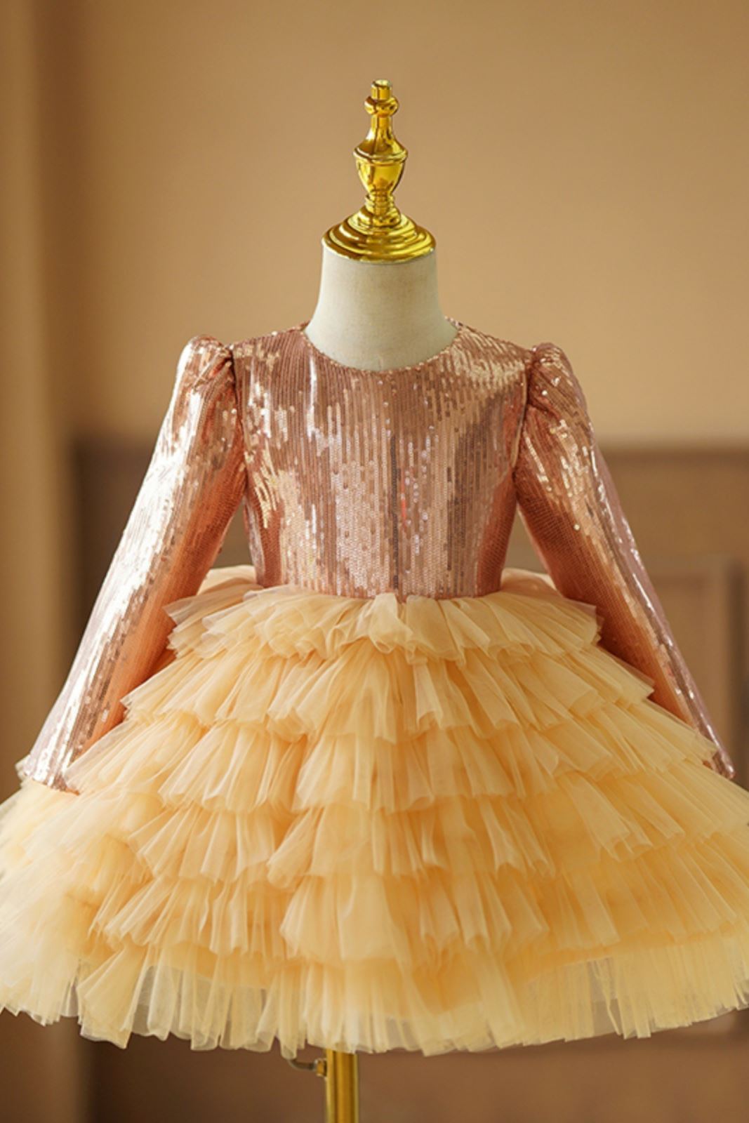 Prinzessin Runden Wadenlang Tüll Blumenmädchenkleider in Gold