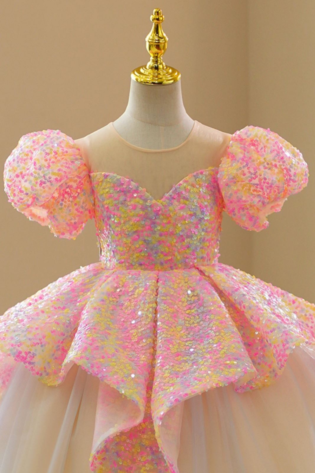 Prinzessin Runden Bodenlang Pailletten Blumenmädchenkleider in Rosa