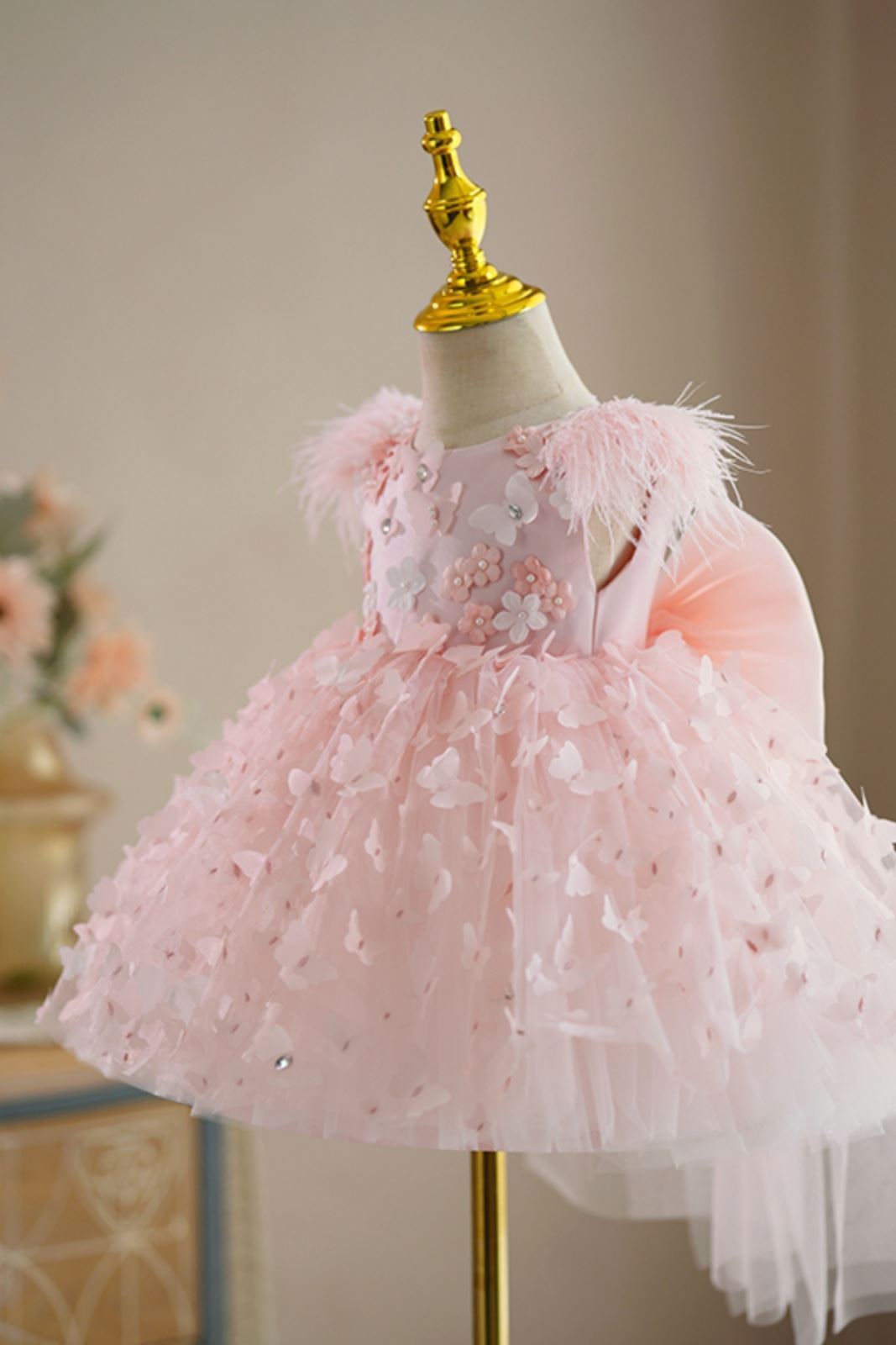 Prinzessin Runden Wadenlang Tüll Blumenmädchenkleider in Rosa