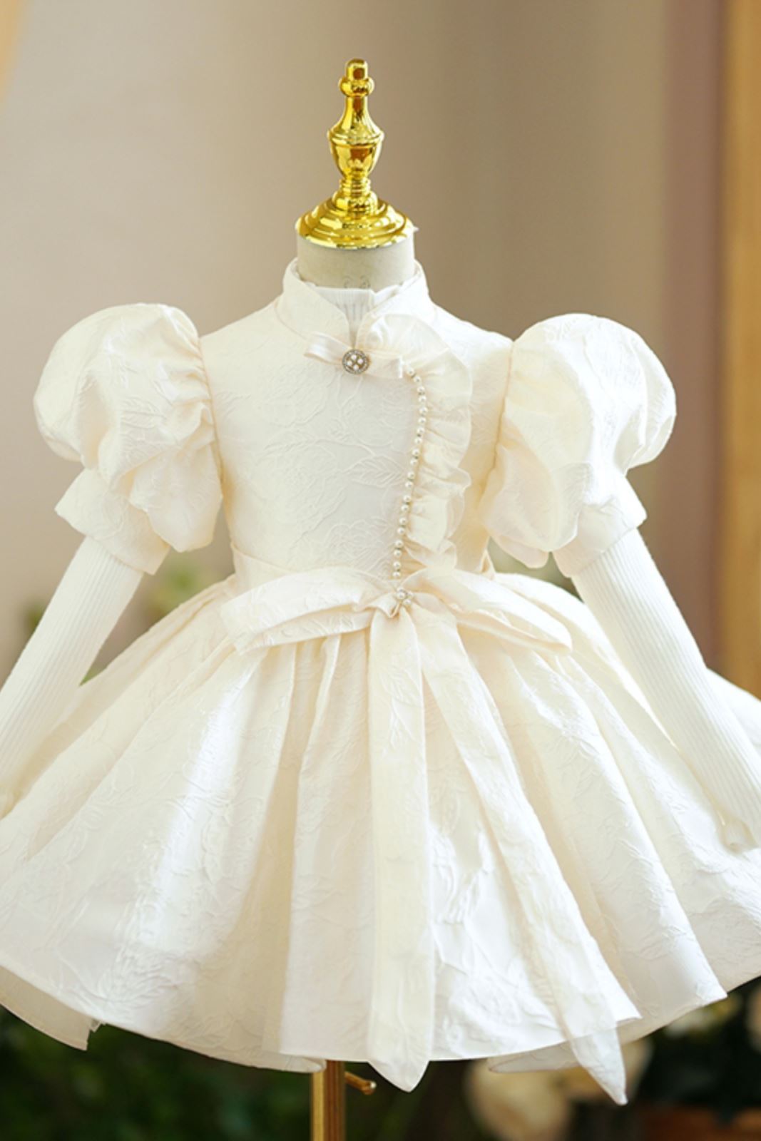 Prinzessin Stehkragen Wadenlang Satin Blumenmädchenkleider Champagner