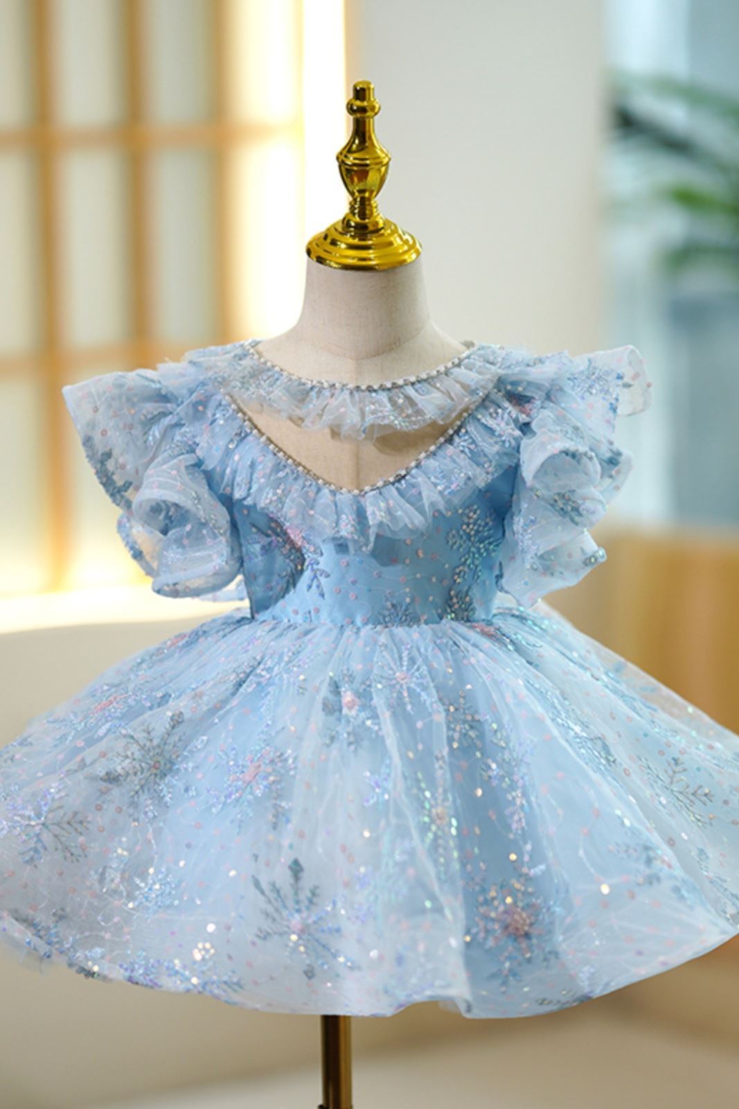 Prinzessin Runden Wadenlang Pailletten Blumenmädchenkleider in Blau