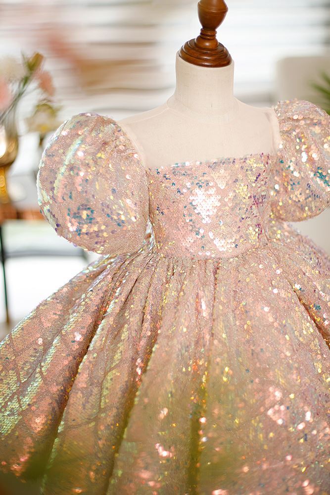 Princesa Hasta la Tibia Sequined vestidos para chica de flor in Rosa