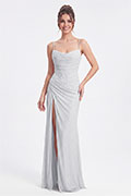 White Glitter Dot Spaghetti Strap Corset Ruched High Slit Evening Gown