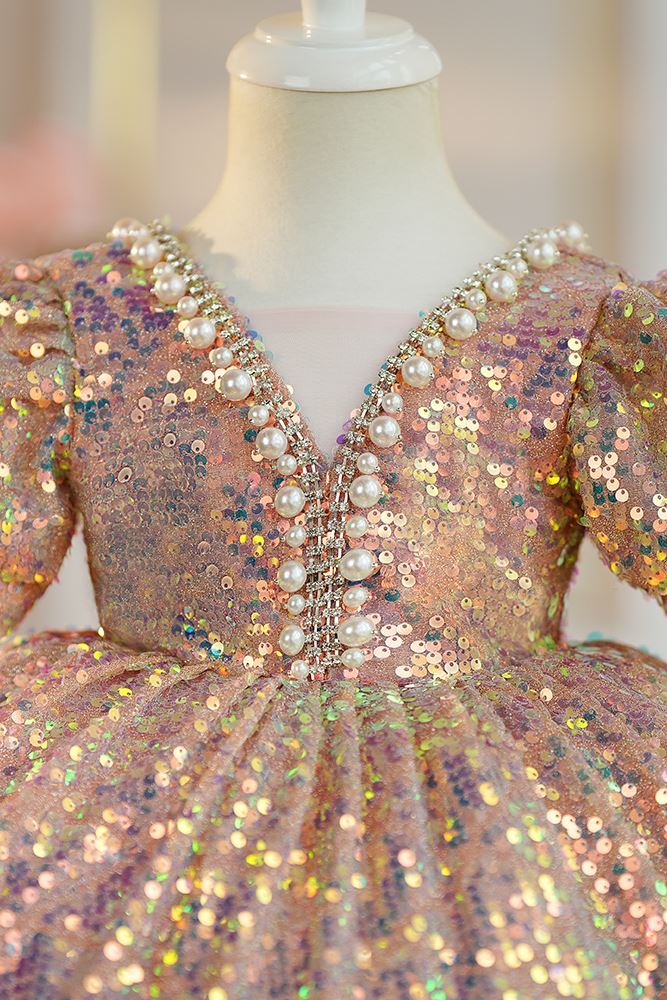 Prinzessin Wadenlang Pailletten Blumenmädchenkleider in Rosa