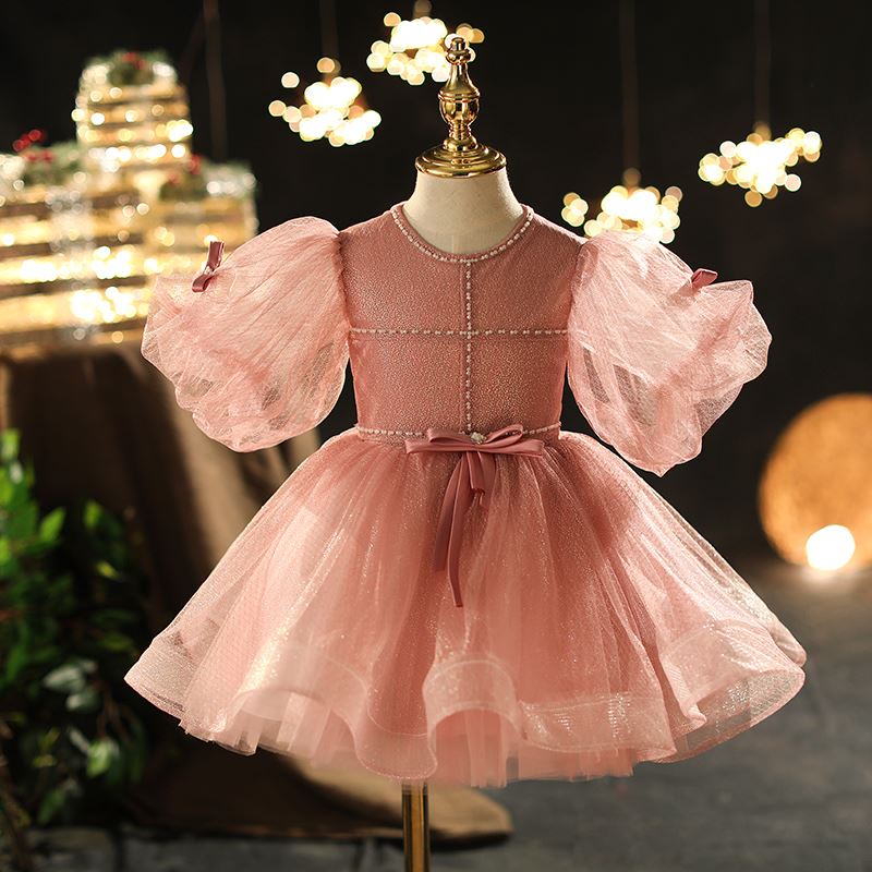 Prinzessin Runden Wadenlang Organza Blumenmädchenkleider Rosa