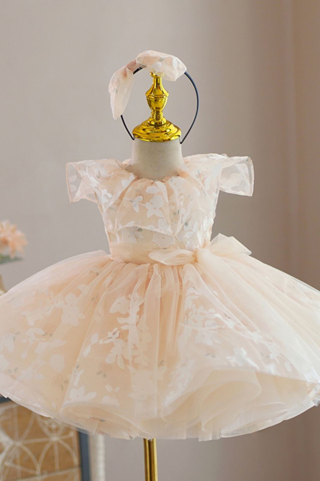 Prinzessin Runden Wadenlang Organza Blumenmädchenkleider in Champagner