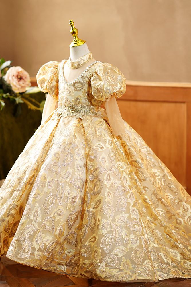 Princesse Longueur au Sol Dentelle robes de demoiselle d'honneur - fillette in Doré