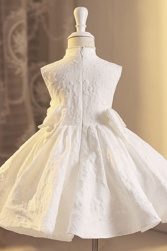 Prinzessin Juwelenhals Wadenlang Satin Blumenmädchenkleider in Weiß