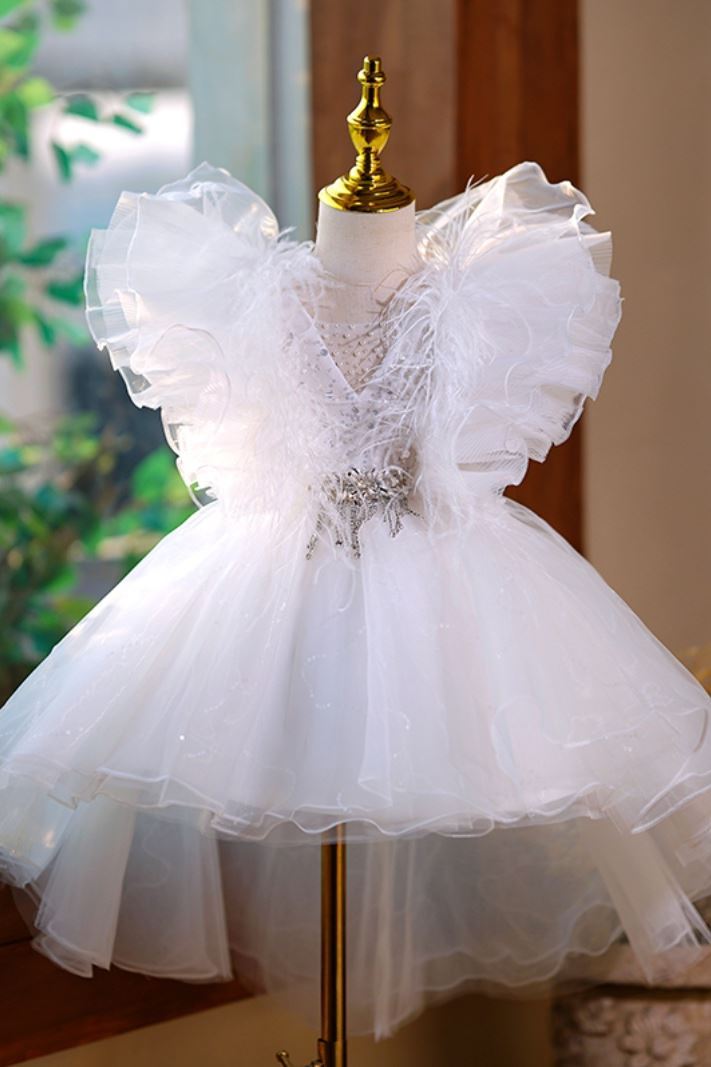 Prinzessin V Ausschnitt Wadenlang Tüll Blumenmädchenkleider Weiß