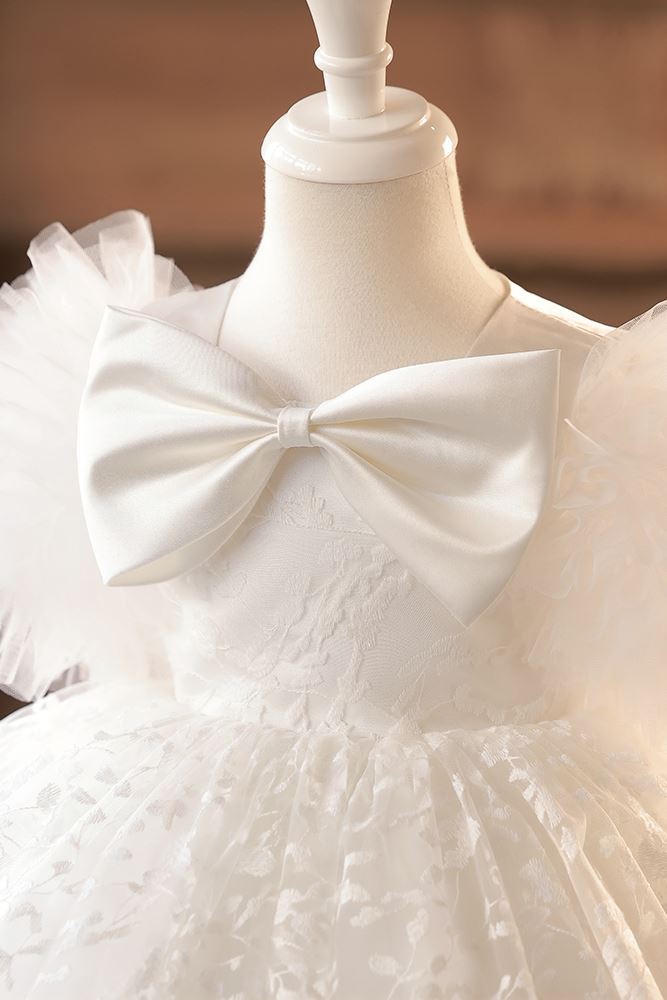 Prinzessin Scoop Wadenlang Spitze Blumenmädchenkleider in Weiß