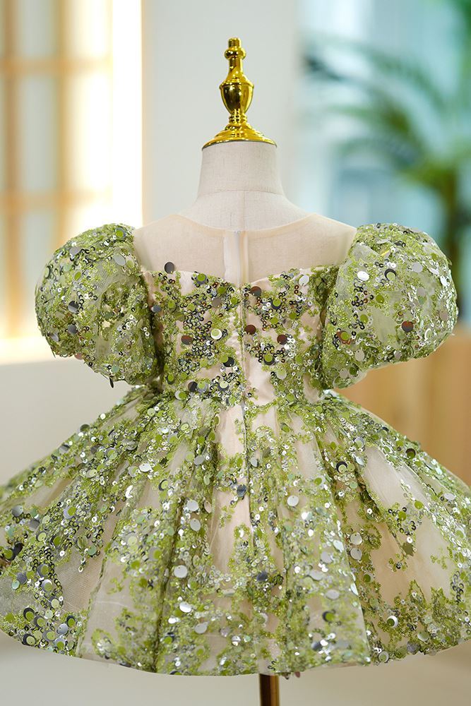 Prinzessin Wadenlang Pailletten Blumenmädchenkleider Grün