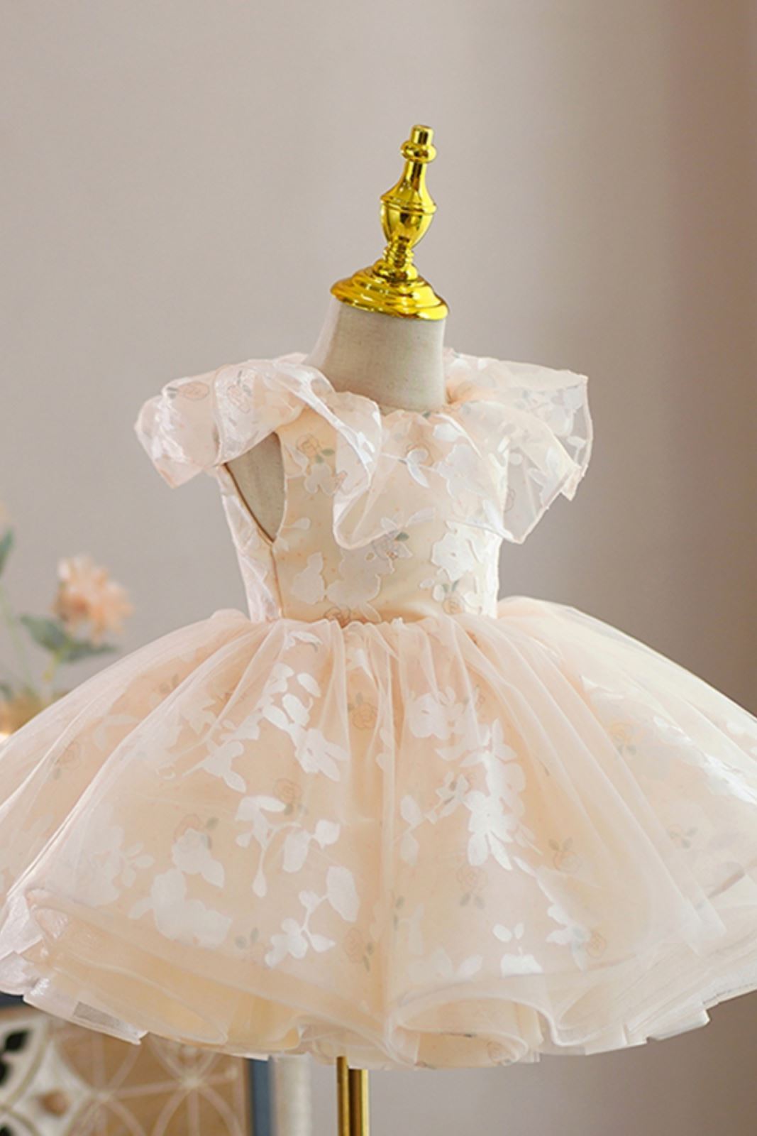 Prinzessin Runden Wadenlang Organza Blumenmädchenkleider in Champagner