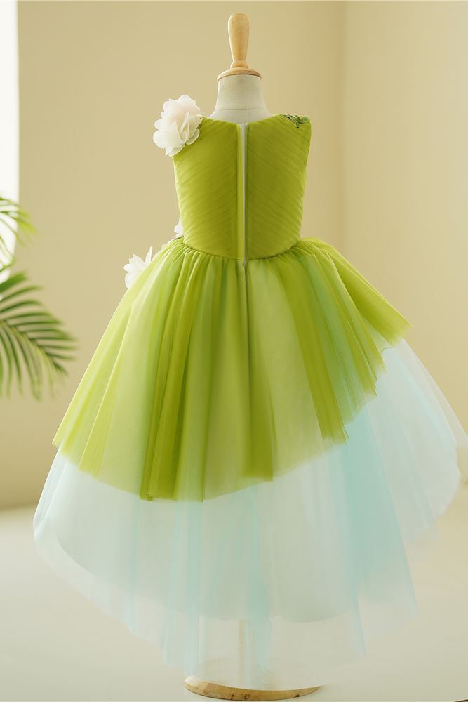 Prinzessin V Ausschnitt Bodenlang Tüll Blumenmädchenkleider in Grün