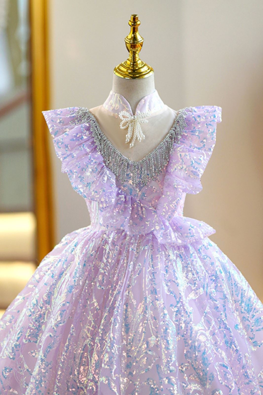 Prinzessin Bodenlang Pailletten Blumenmädchenkleider in Lila