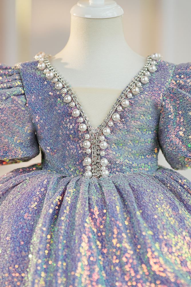 Prinzessin Wadenlang Pailletten Blumenmädchenkleider in Rosa