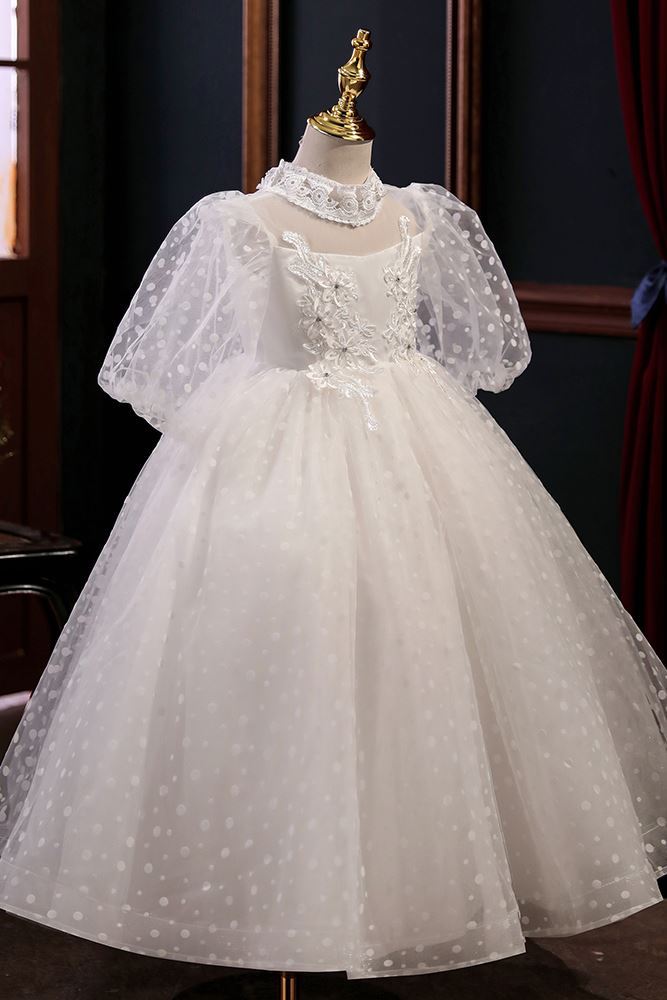 Prinzessin Stehkragen Bodenlang Tüll Blumenmädchenkleider in Weiß