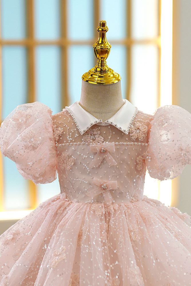 Prinzessin Kragenhals Wadenlang Organza Blumenmädchenkleider in Rosa