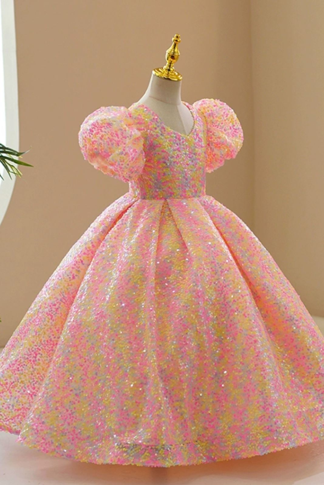 Prinzessin Bodenlang Pailletten Blumenmädchenkleider in Rosa