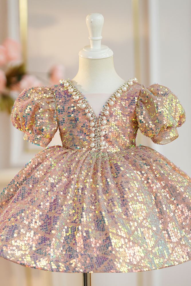 Prinzessin Wadenlang Pailletten Blumenmädchenkleider in Rosa