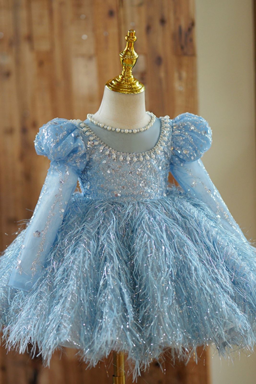 Prinzessin Juwelenhals Wadenlang Tüll Blumenmädchenkleider in Blau