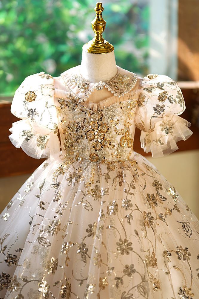 Принцесса Полная Длина Sequined Детские Платья in Шампанского цвета