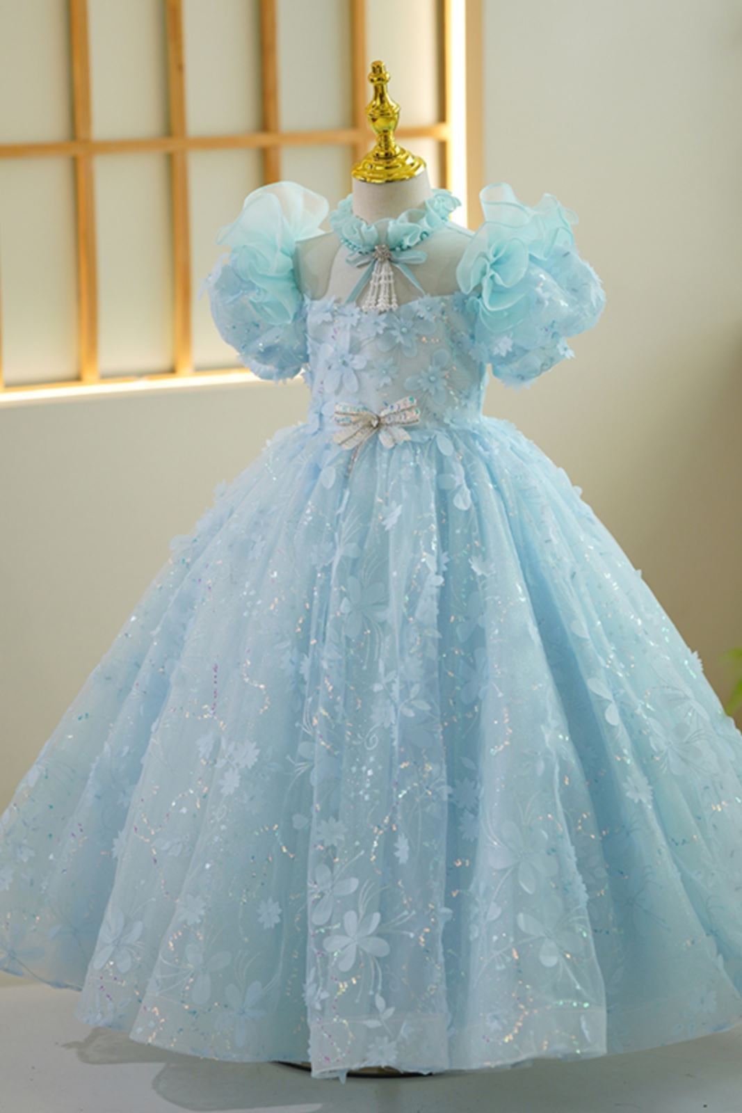 Принцесса ложный воротник Полная Длина Lace Детские Платья in Синий