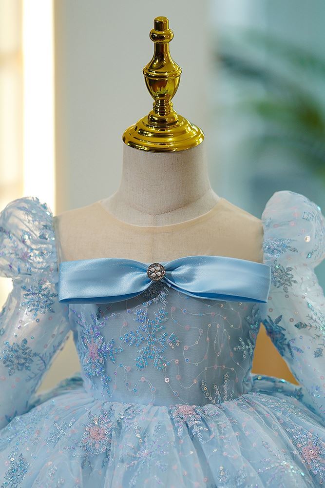 Prinzessin Runden Wadenlang Tüll Blumenmädchenkleider in Blau