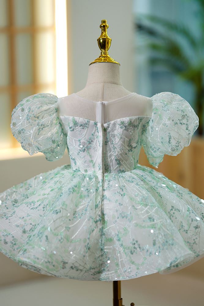 Prinzessin Scoop Wadenlang Pailletten Blumenmädchenkleider in Minzgrün