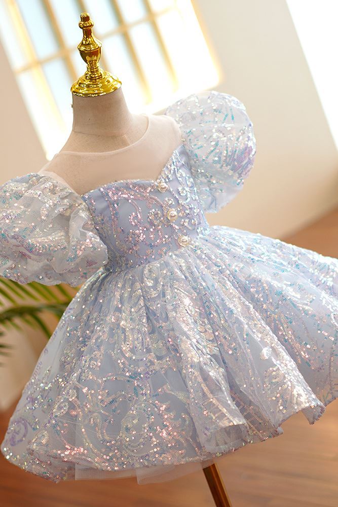 Prinzessin Wadenlang Pailletten Blumenmädchenkleider Staubigblau