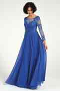 Blaues langärmliges Kleid für die Brautmutter mit Spitzenstickerei