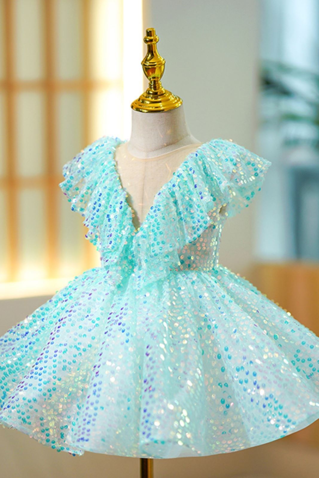 Prinzessin Wadenlang Pailletten Blumenmädchenkleider in Minzgrün